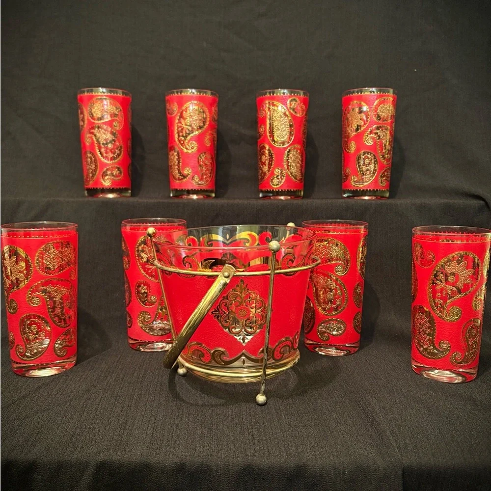 Vintage Mid-Century Modern Culver Hi-ball Glasses (8) & Ice Bucket. Red/22k Gold